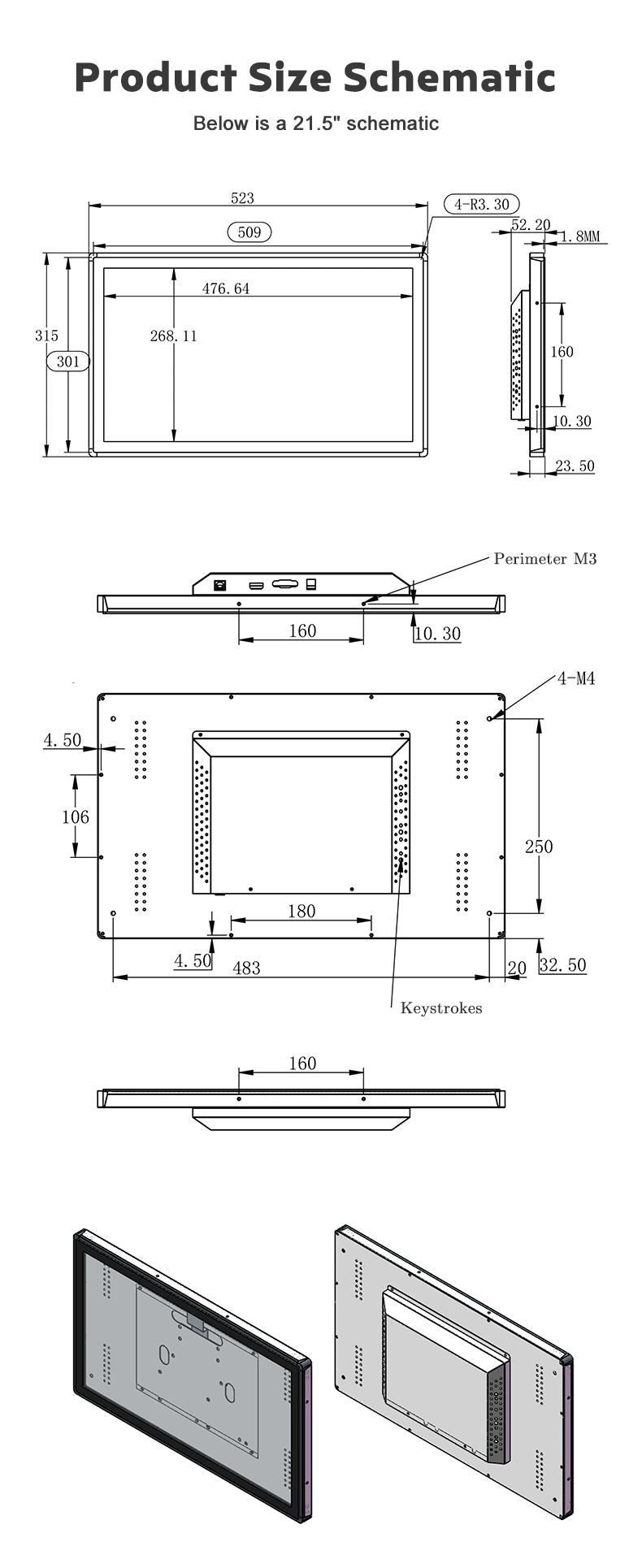 21.5inch Ultra-Thin LCD Display Waterproof Touch Screen Embedded Industrial Touch Monitor